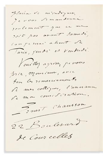 CHAUSSON, ERNEST. Autograph Letter Signed, to Sir, in French,